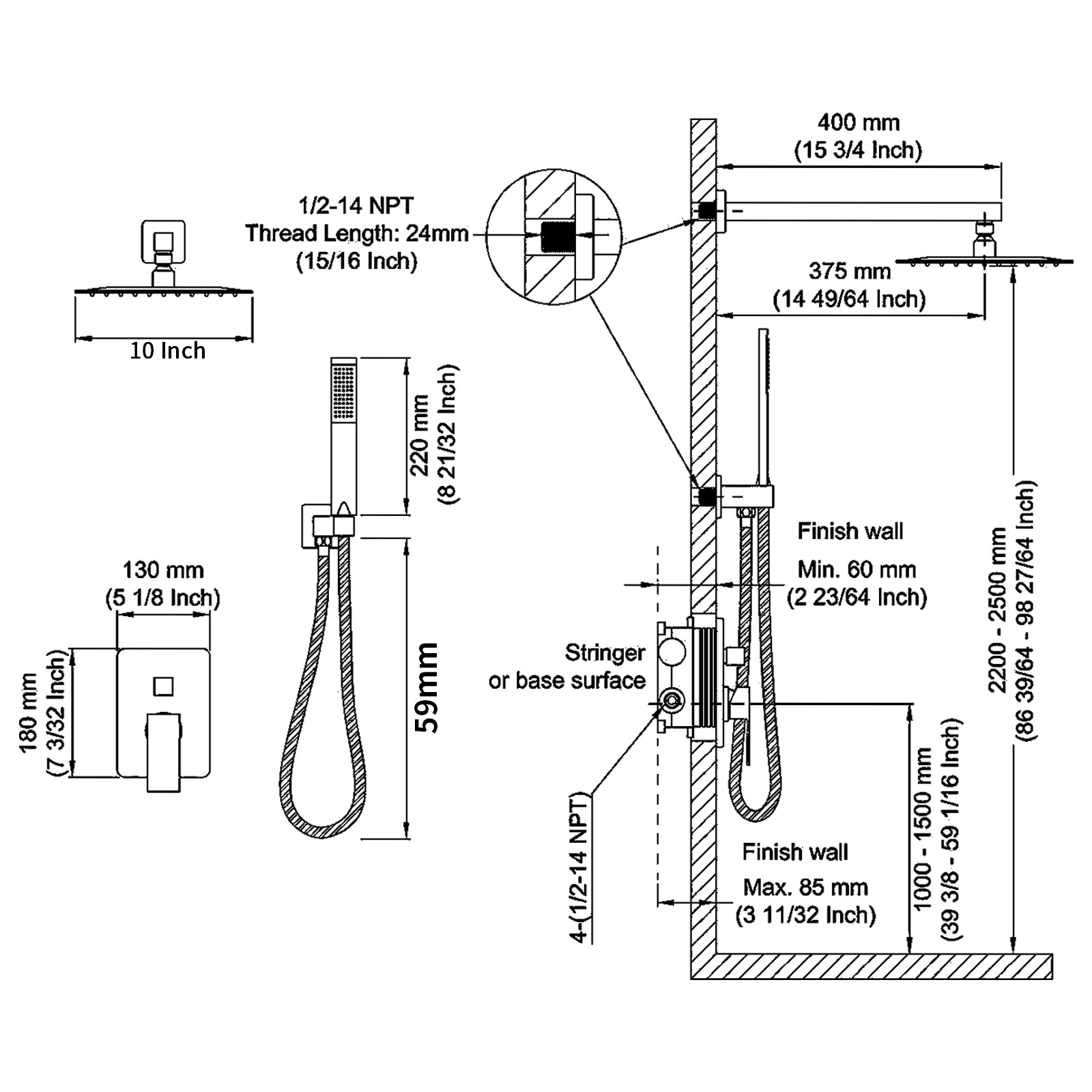 Shower System Shower Faucet Combo Set Wall Mounted with 10" Rainfall Shower Head and handheld shower faucet, Brushed Gold Finish with Brass Valve Rough-In