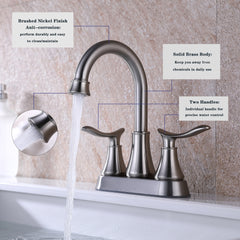 2-Handle 4-Inch Brushed Nickel Bathroom Faucet, Bathroom Vanity Sink Faucets with Pop-up Drain and Supply Hoses
