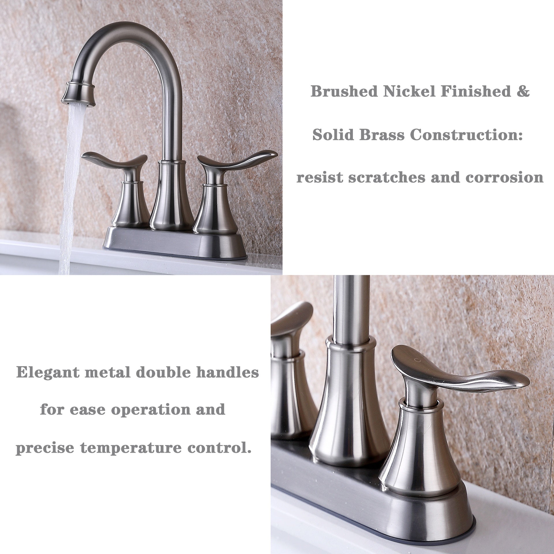 2-Handle 4-Inch Brushed Nickel Bathroom Faucet, Bathroom Vanity Sink Faucets with Pop-up Drain and Supply Hoses