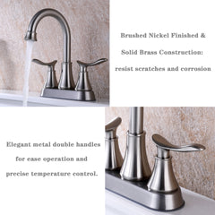 2-Handle 4-Inch Brushed Nickel Bathroom Faucet, Bathroom Vanity Sink Faucets with Pop-up Drain and Supply Hoses