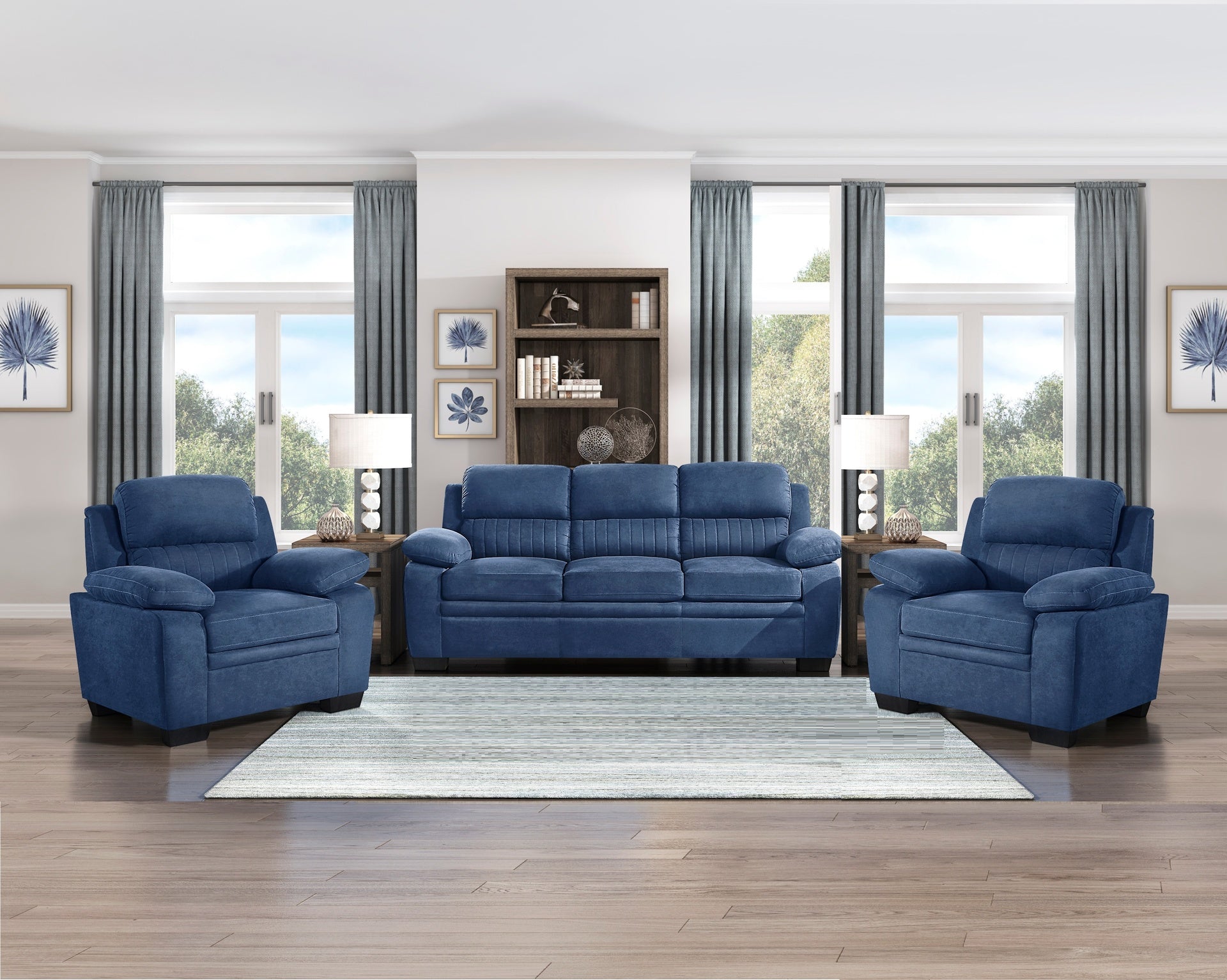 Plush Seating Chair 1pc Blue Textured Fabric Channel Tufting Solid Wood Frame Modern Living Room Furniture