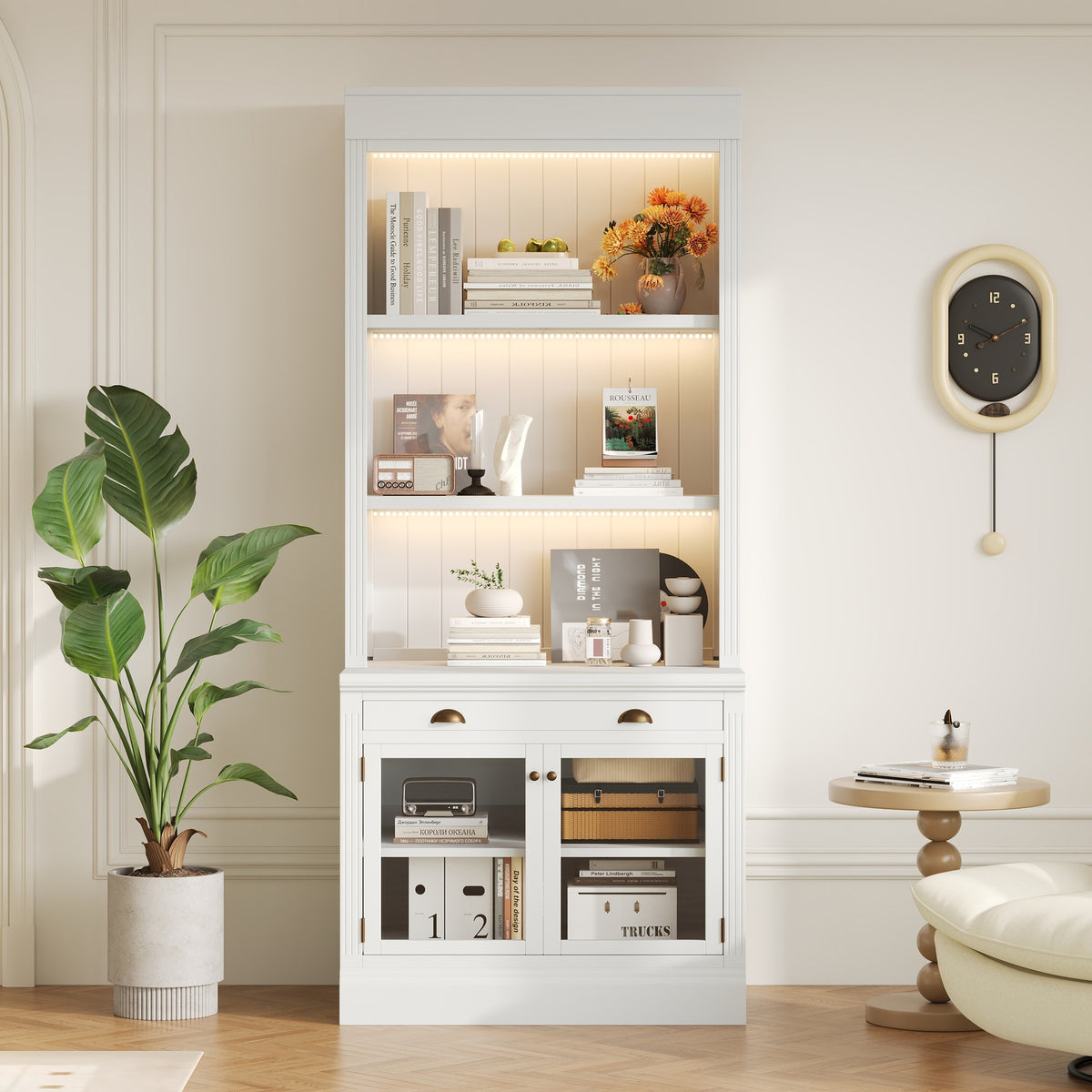 83.4"Tall Bookshelf with LED Lighting, Modern Bookcase with 2 Glass Doors and 1 Drawer,Storage Bookcase with Open Shelves for Living Room,Home Office,White