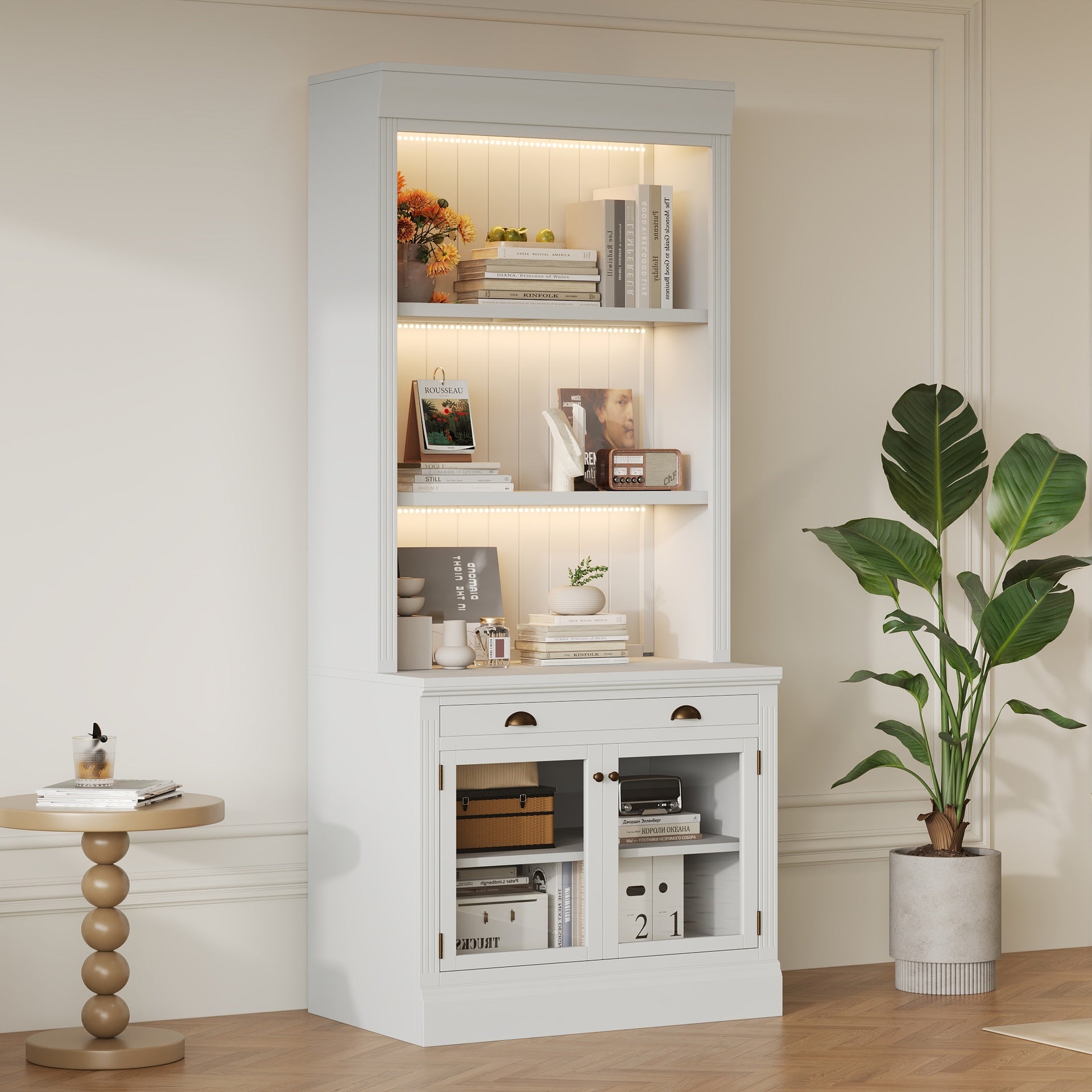 83.4"Tall Bookshelf with LED Lighting, Modern Bookcase with 2 Glass Doors and 1 Drawer,Storage Bookcase with Open Shelves for Living Room,Home Office,White