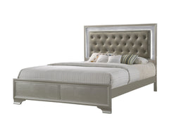 Modern Champagne Crocodile Skin Finish Upholstered 1pc King Size LED Panel Bed Faux Diamond Tufted Bedroom Furniture