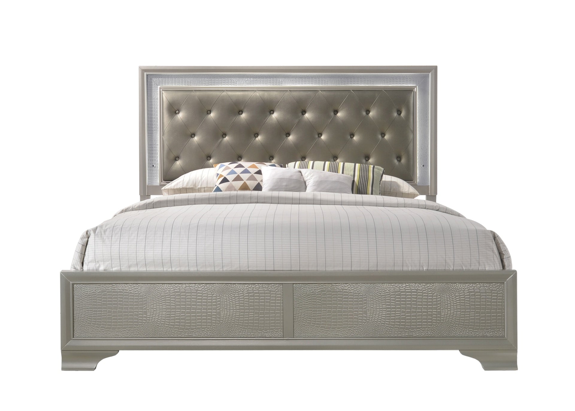 Modern Champagne Crocodile Skin Finish Upholstered 1pc King Size LED Panel Bed Faux Diamond Tufted Bedroom Furniture
