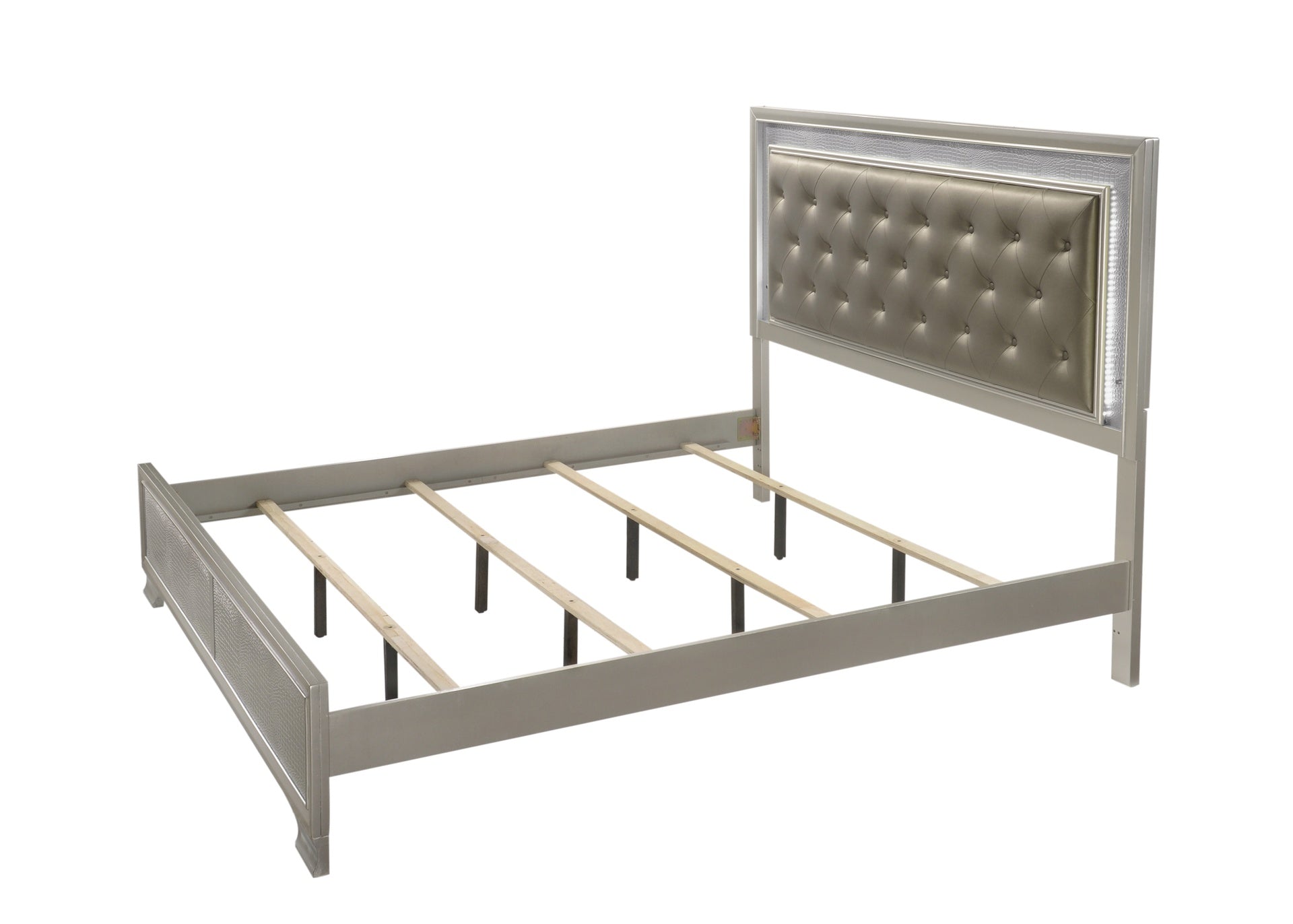 Modern Champagne Crocodile Skin Finish Upholstered 1pc King Size LED Panel Bed Faux Diamond Tufted Bedroom Furniture