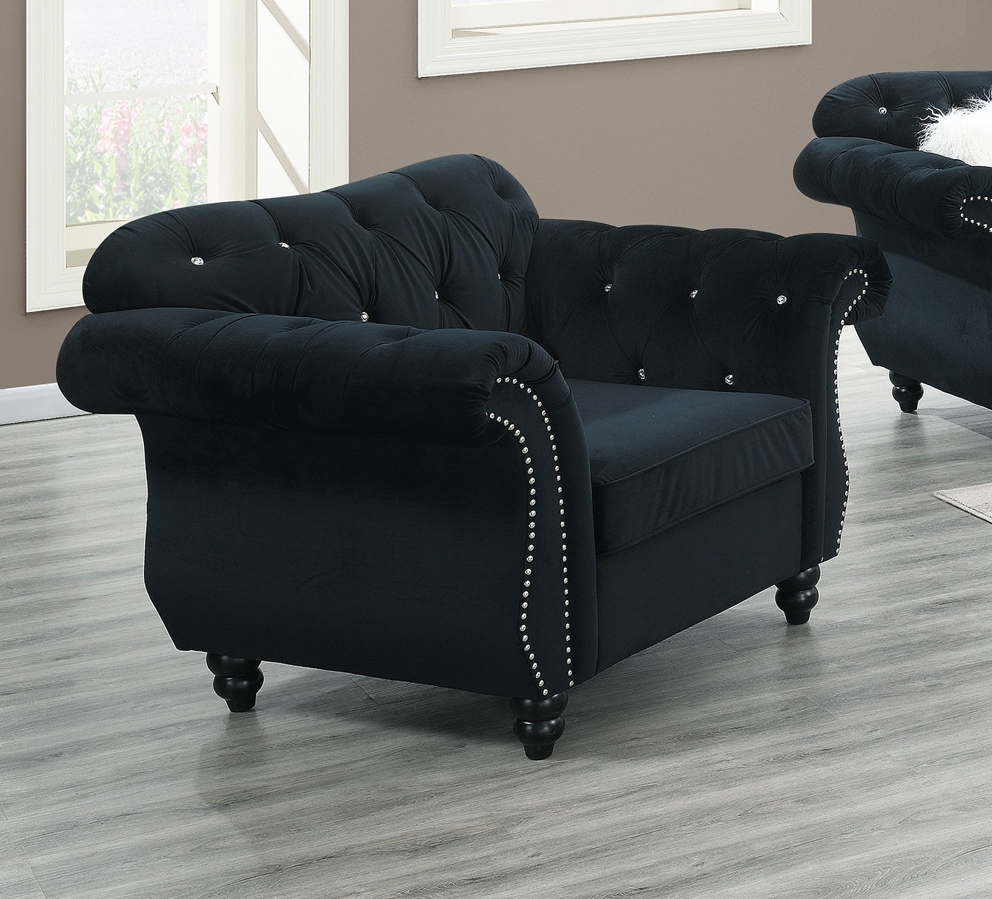 Formal Luxury Look 1pc Black Velvet Chair Living Room Furniture Plush Tufted Back Seat Chair Couch