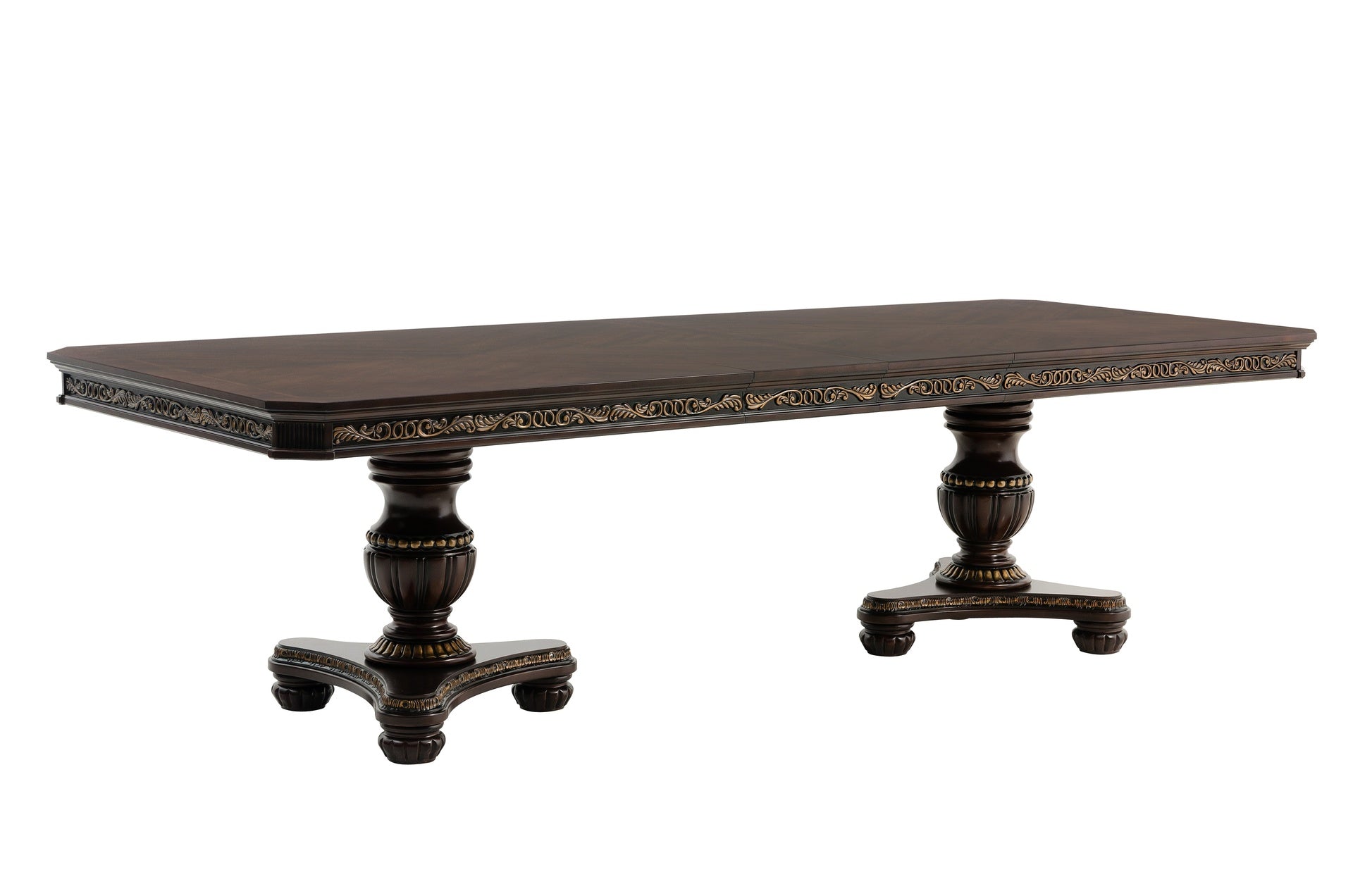 Royal Dining Furniture 1pc Extendable Dining Table with 2x Leaves Cherry Finish with Gold Tipping Elegant Design Formal Traditional Double Pedestal