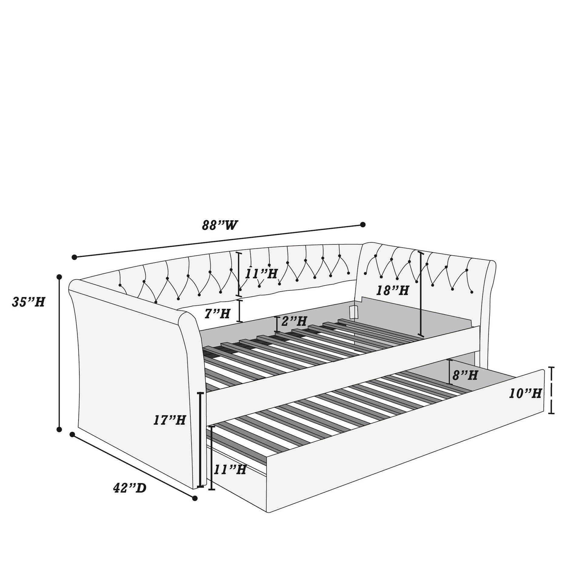 Contemporary Style 1pc Day Bed w/ Trundle Button Tufted Charcoal Finish Slat Included