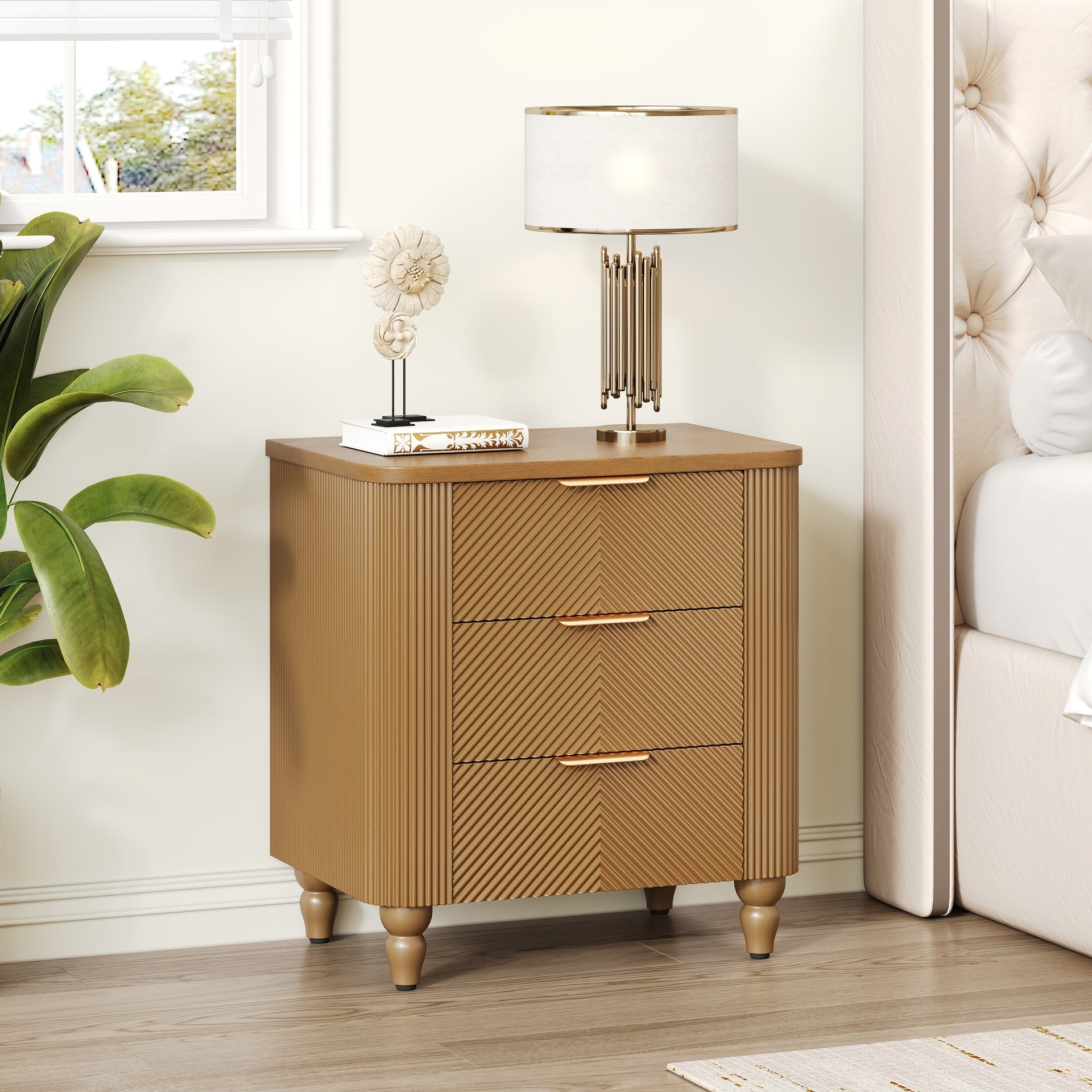 Mid-Century Fluted 3 Drawers Nightstand, Bedside Table with Curved Profile Design and Wide Gold Glossy Handles, End Table for Living Room, Bedroom, Easy Assembly, Natural
