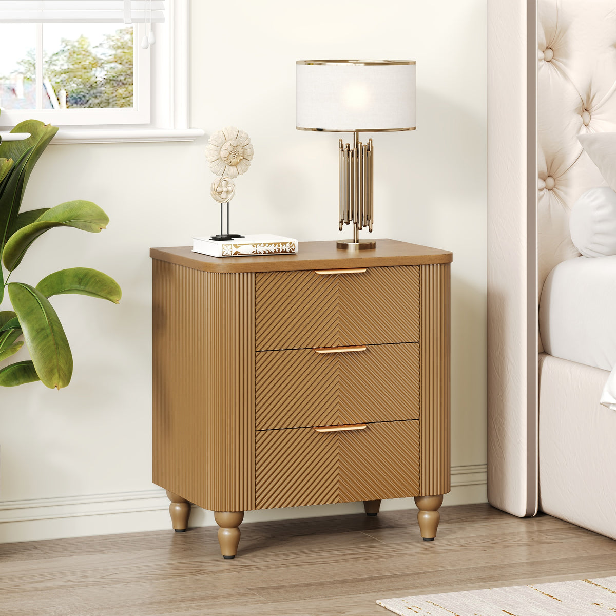 Mid-Century Fluted 3 Drawers Nightstand, Bedside Table with Curved Profile Design and Wide Gold Glossy Handles, End Table for Living Room, Bedroom, Easy Assembly, Natural