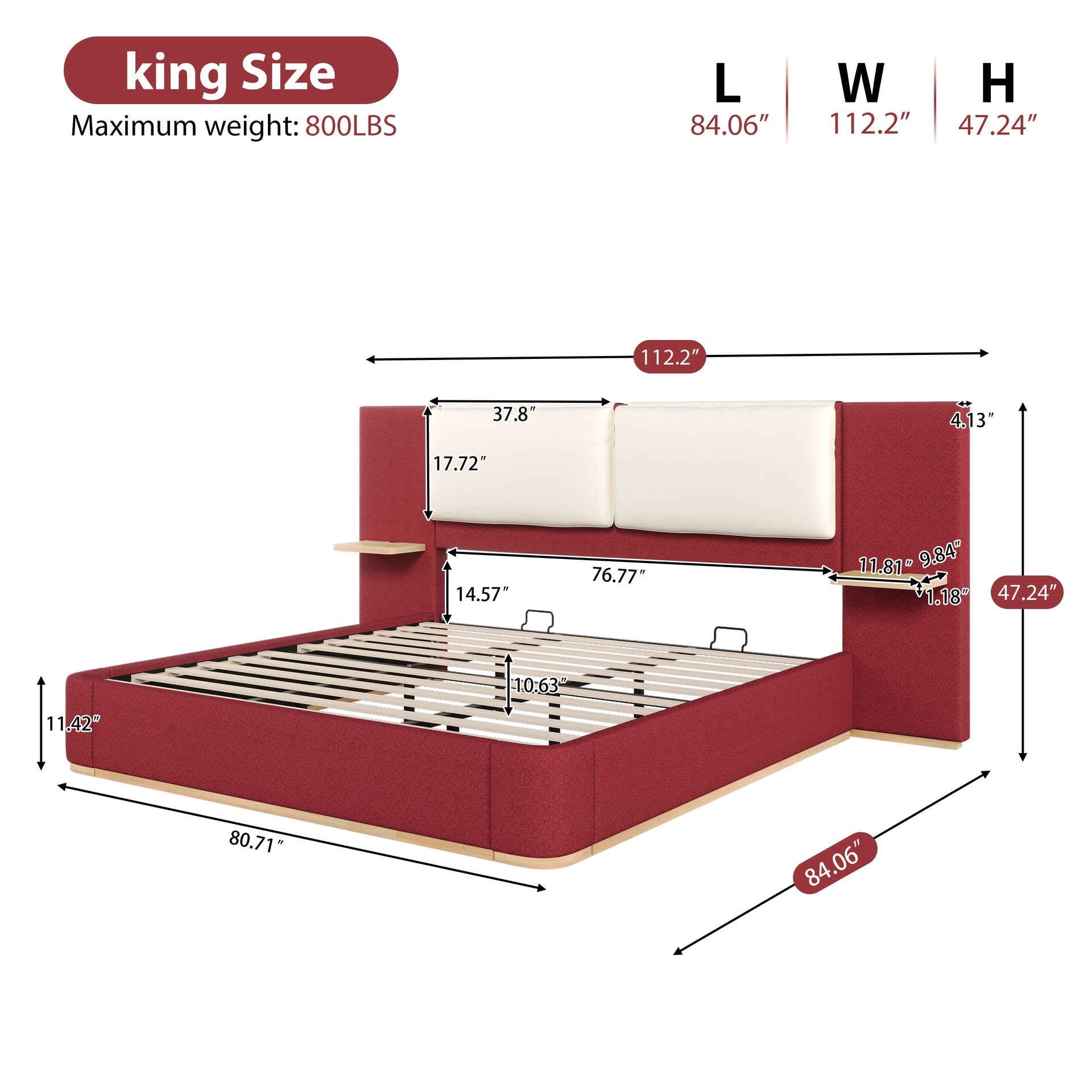 King Size Upholstered Platform Bed with Panel, Platform Bed Frame with Anti-Collision Soft Rounded Corners, Stable and Solid, No Box Spring Needed, Easy Assembly, Red