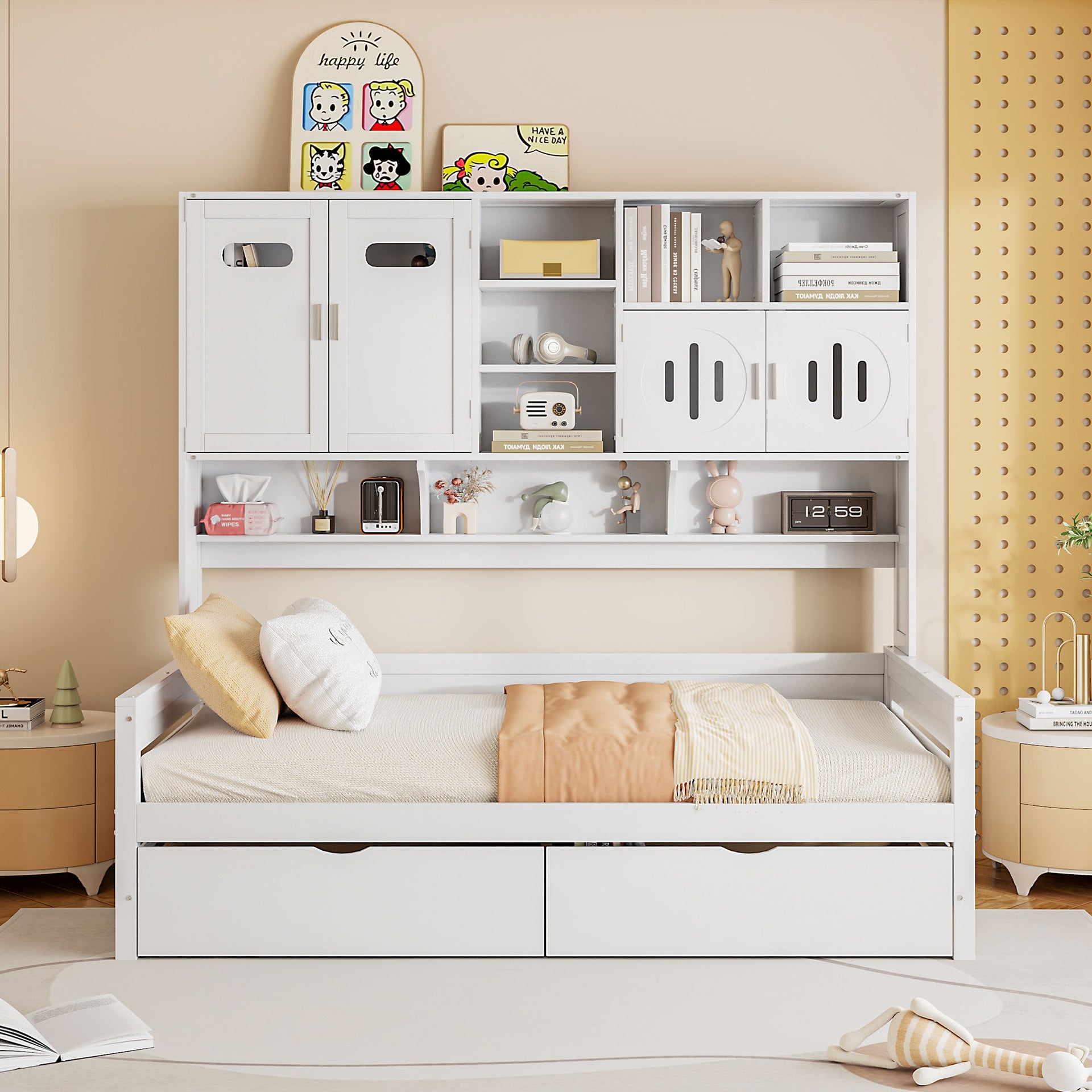 Twin Size Wooden Daybed With 2 Drawers, and All-in-One Cabinet and Shelf, White
