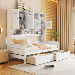 Twin Size Wooden Daybed With 2 Drawers, and All-in-One Cabinet and Shelf, White