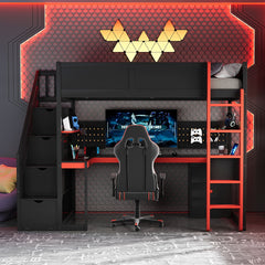 Twin Size Wooden Gaming Loft Bed with Storage Stairs, Desk, Shelves & Pegboard, Black+Red