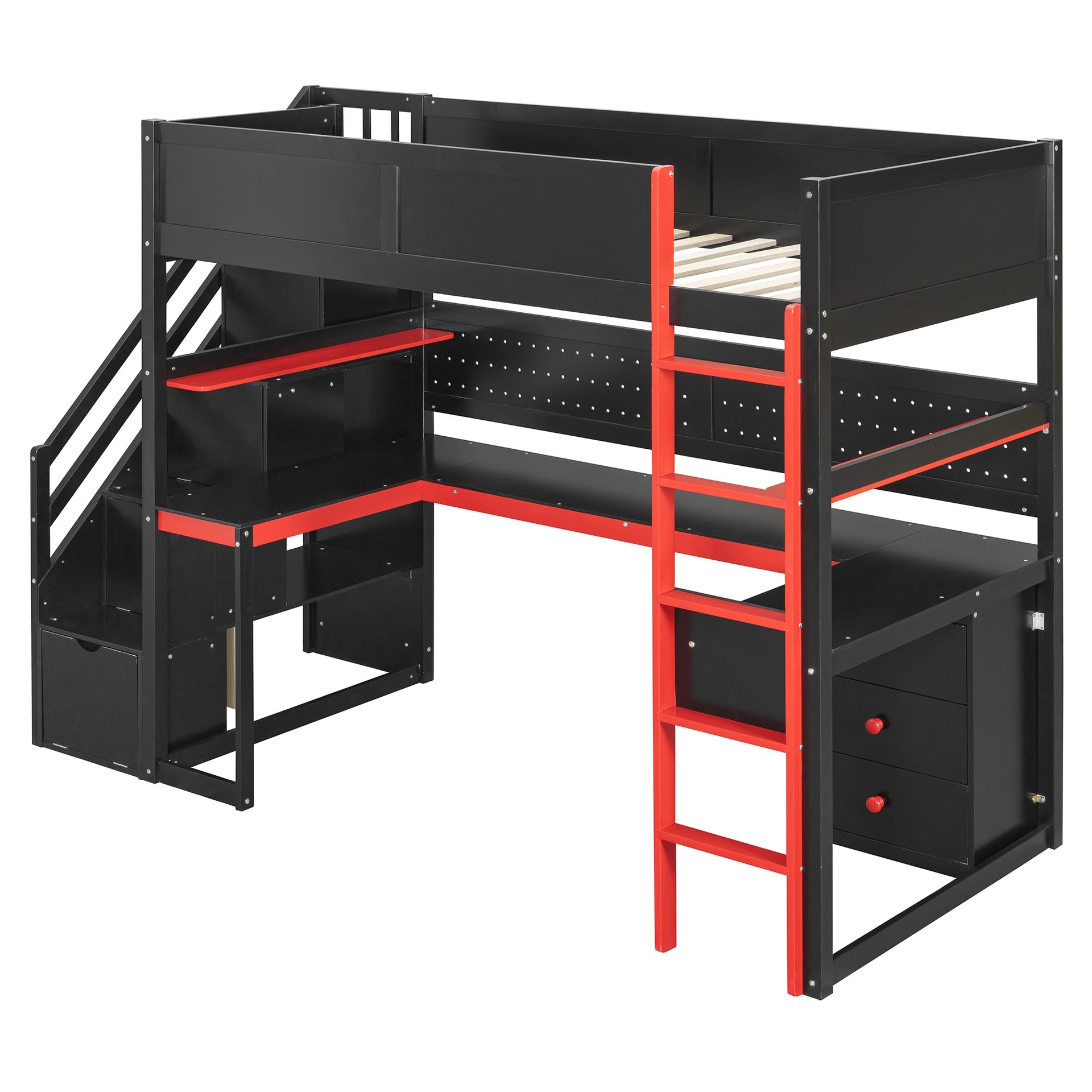 Twin Size Wooden Gaming Loft Bed with Storage Stairs, Desk, Shelves & Pegboard, Black+Red