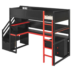 Twin Size Wooden Gaming Loft Bed with Storage Stairs, Desk, Shelves & Pegboard, Black+Red