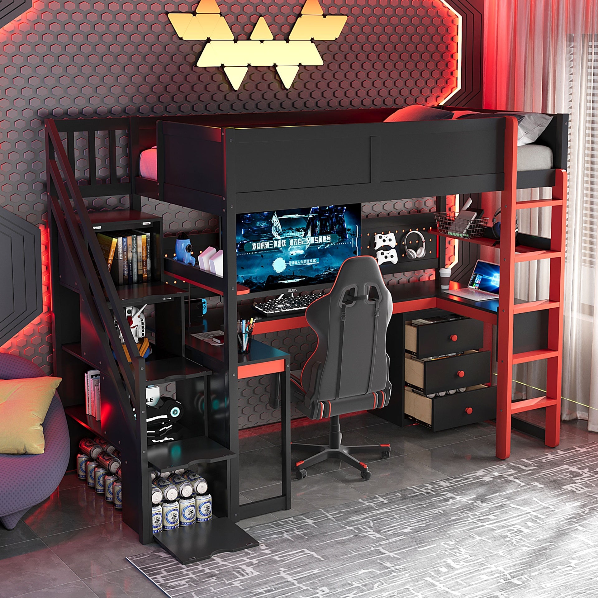 Twin Size Wooden Gaming Loft Bed with Storage Stairs, Desk, Shelves & Pegboard, Black+Red