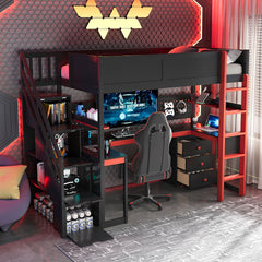 Twin Size Wooden Gaming Loft Bed with Storage Stairs, Desk, Shelves & Pegboard, Black+Red