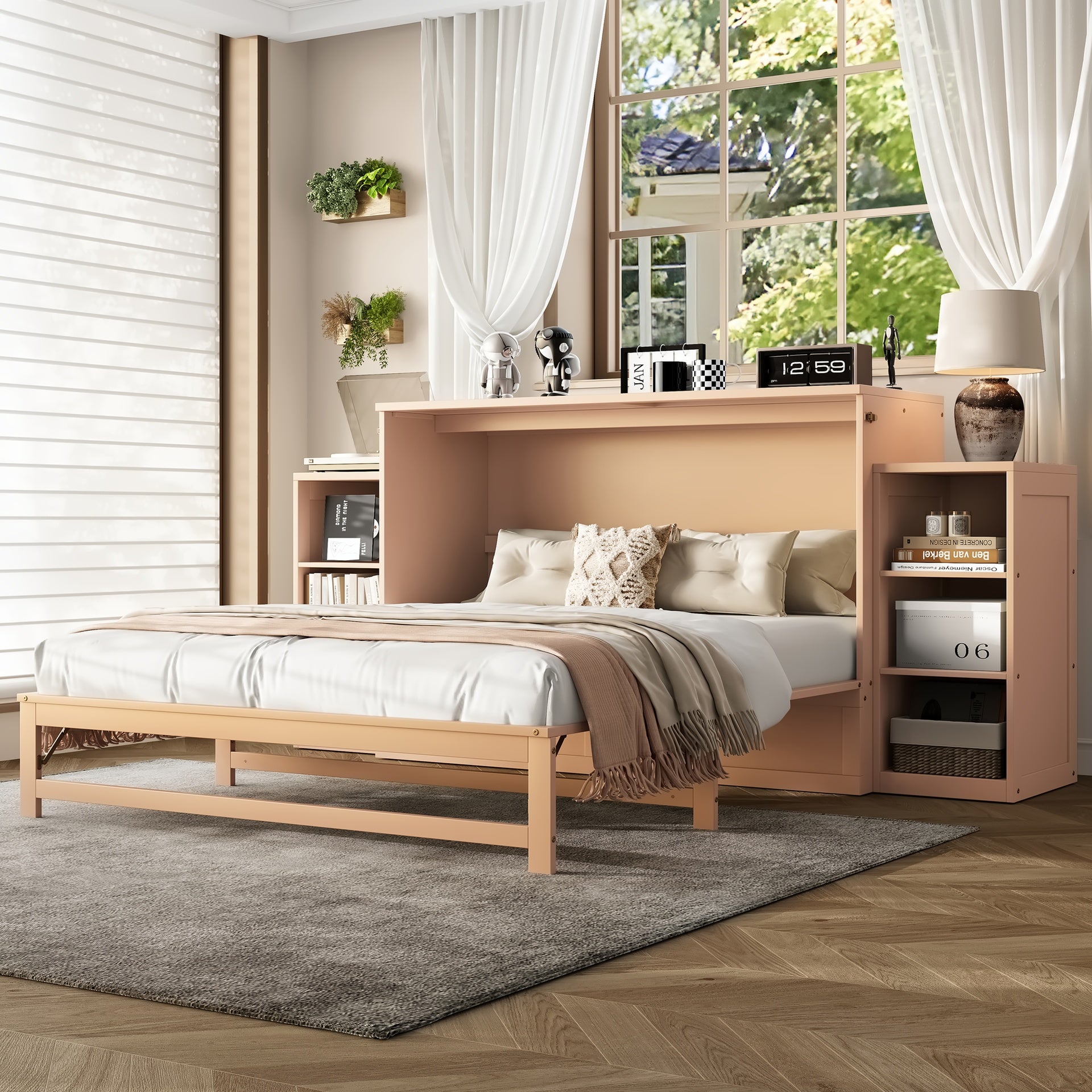 Queen size Murphy bed with spacious storage drawers and shelves. Ideal for guest rooms or compact bedrooms.Golden