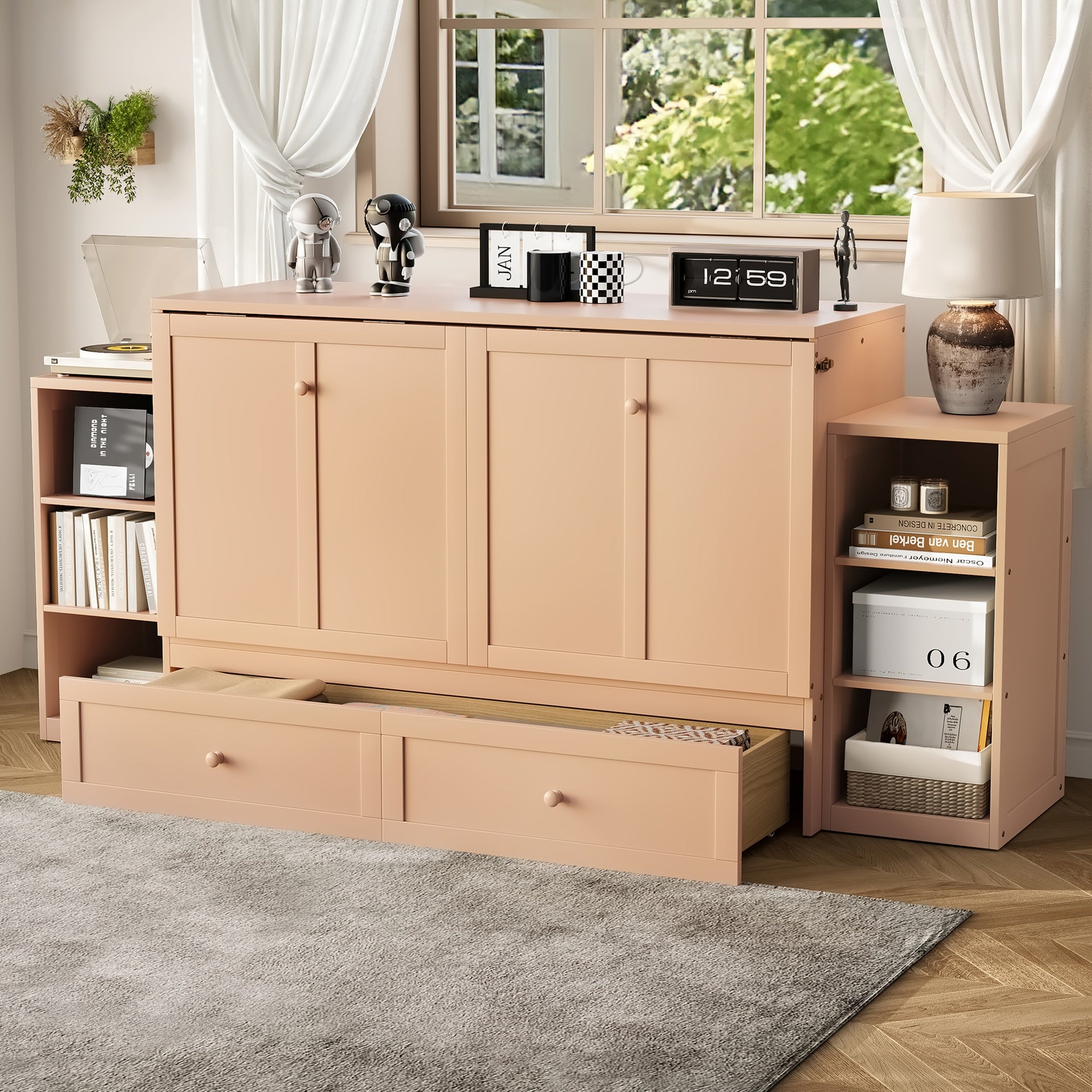 Queen size Murphy bed with spacious storage drawers and shelves. Ideal for guest rooms or compact bedrooms.Golden
