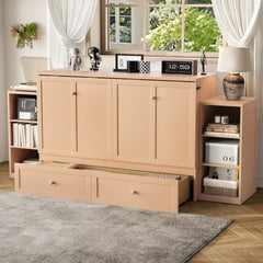 Queen size Murphy bed with spacious storage drawers and shelves. Ideal for guest rooms or compact bedrooms.Golden