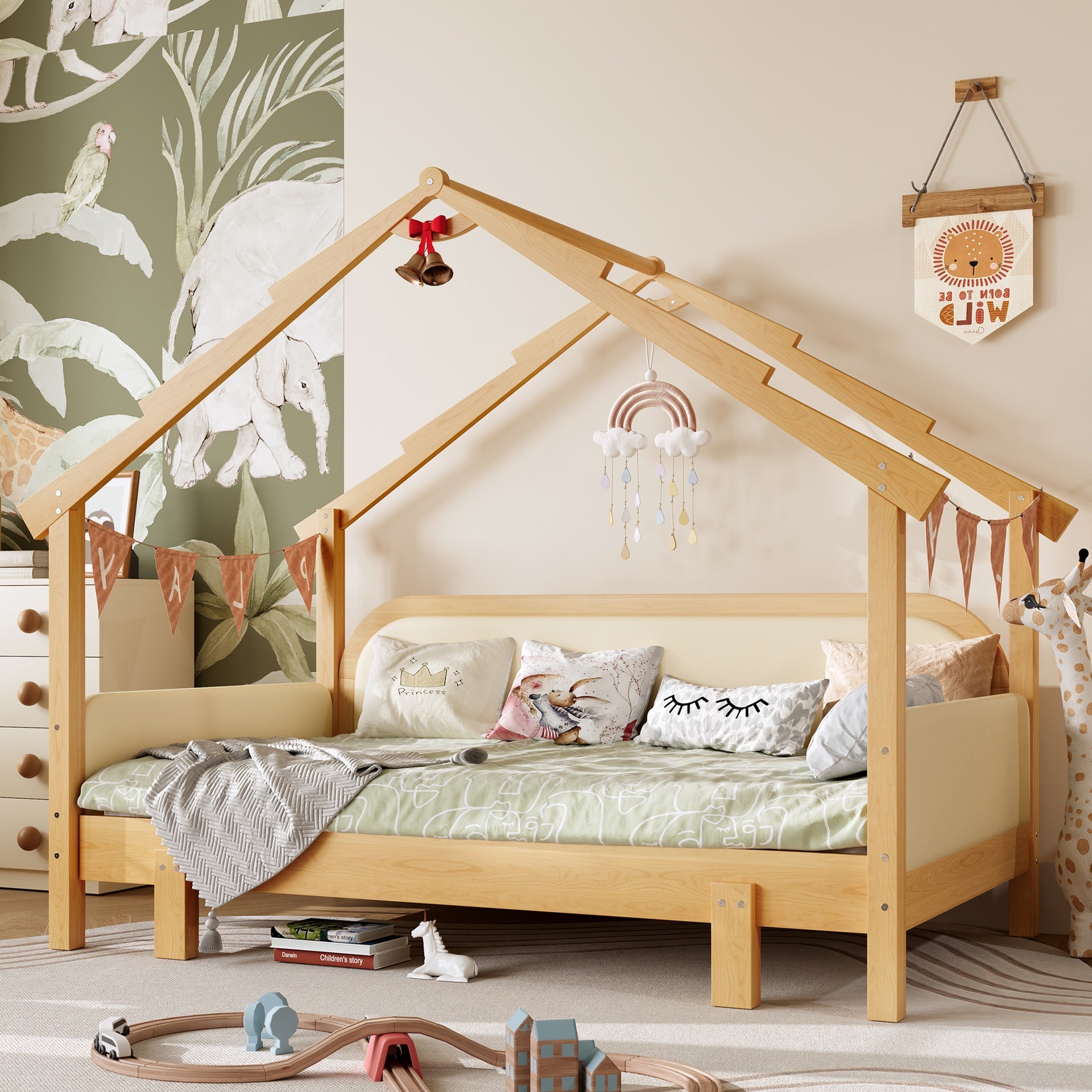 Twin Size Wood Treehouse bed with Soft Cushion Rails,for Kids, Teens, Girls, Boys,White