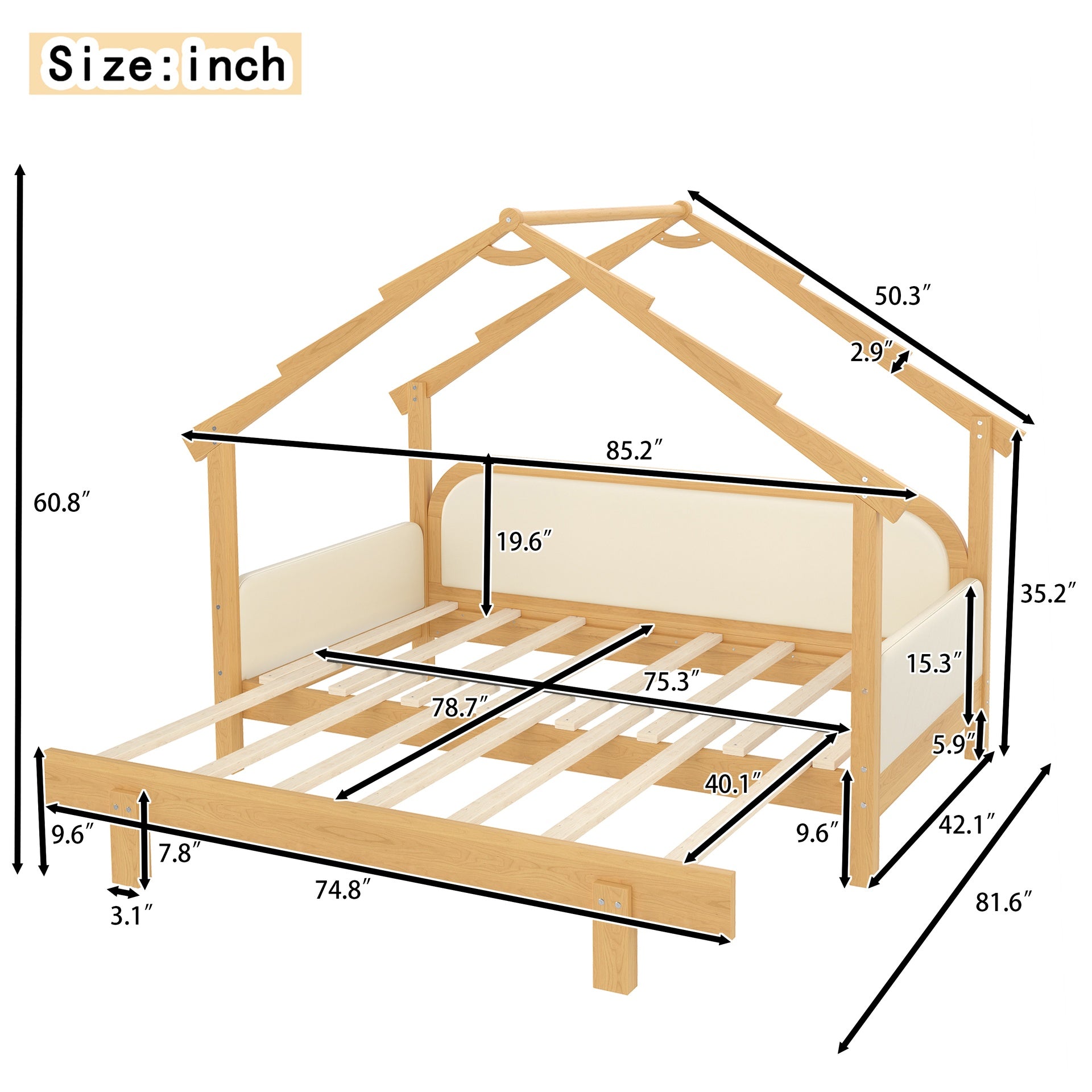 Twin Size Wood Treehouse bed with Soft Cushion Rails,for Kids, Teens, Girls, Boys,White