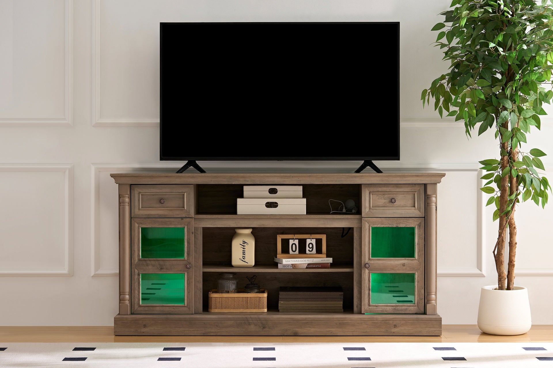 Farmhouse Fireplace TV Stand with Roman Column Styling, Up to 80-inch TV, 70-inch Modern Tall Entertainment Center with LED Lights, Living Room Media Console