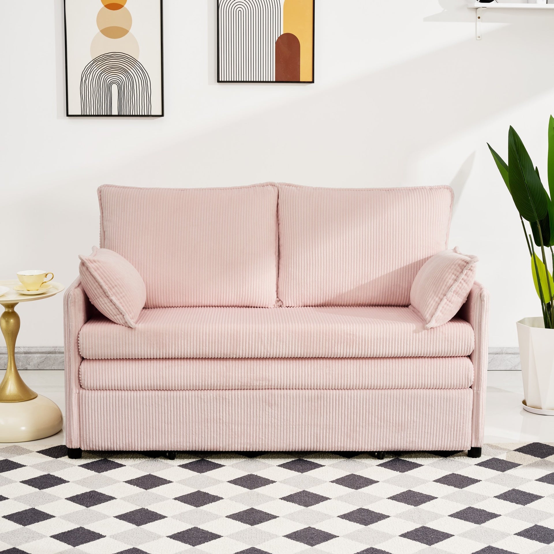 55"Convertible Sofa Bed,Pull Out Bed,3-in-1 Sofa with Side Pocket& USB Ports,Modern Corduroy Couch for Living Room, Small Space, Apartment, Bedroom, Pink