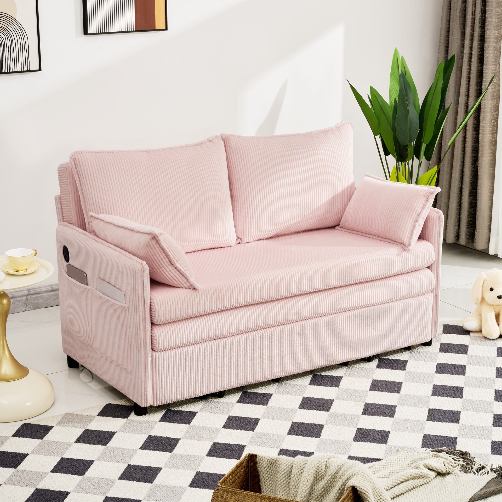 55"Convertible Sofa Bed,Pull Out Bed,3-in-1 Sofa with Side Pocket& USB Ports,Modern Corduroy Couch for Living Room, Small Space, Apartment, Bedroom, Pink