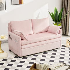 55"Convertible Sofa Bed,Pull Out Bed,3-in-1 Sofa with Side Pocket& USB Ports,Modern Corduroy Couch for Living Room, Small Space, Apartment, Bedroom, Pink