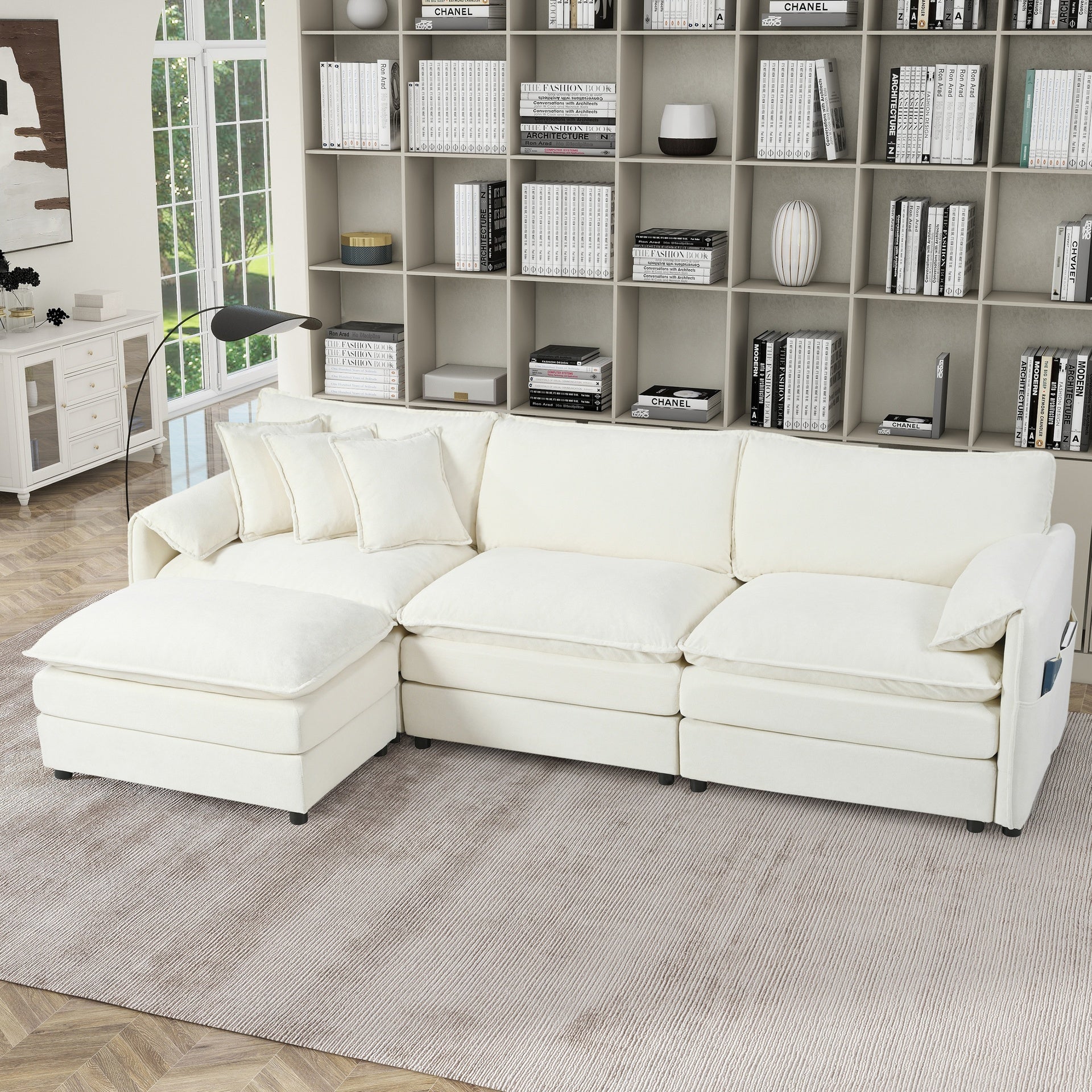 Modular Sectional Sofa, Oversized Deep Seat L Shaped Couch Set for Living Room, 3-Seater Comfy Cloud Couches with Movable Ottoman, DIY Combination, Chenille,Beige