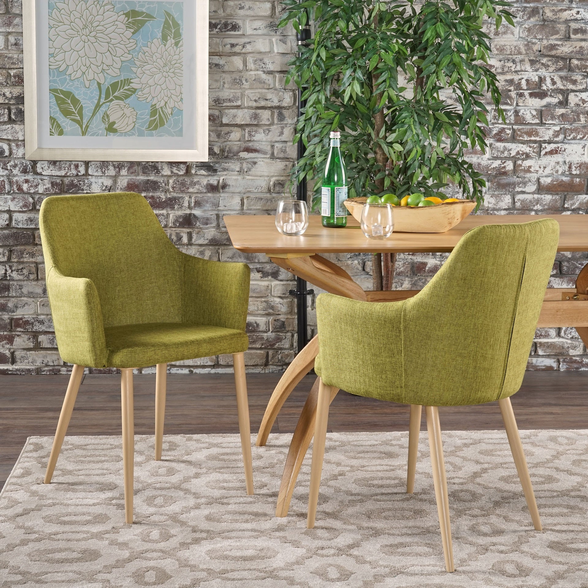 Mid Century Modern Fabric Upholstered Dining Chairs Armchairs, Set of 2, Green and Light Walnut