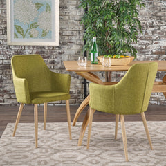 Mid Century Modern Fabric Upholstered Dining Chairs Armchairs, Set of 2, Green and Light Walnut