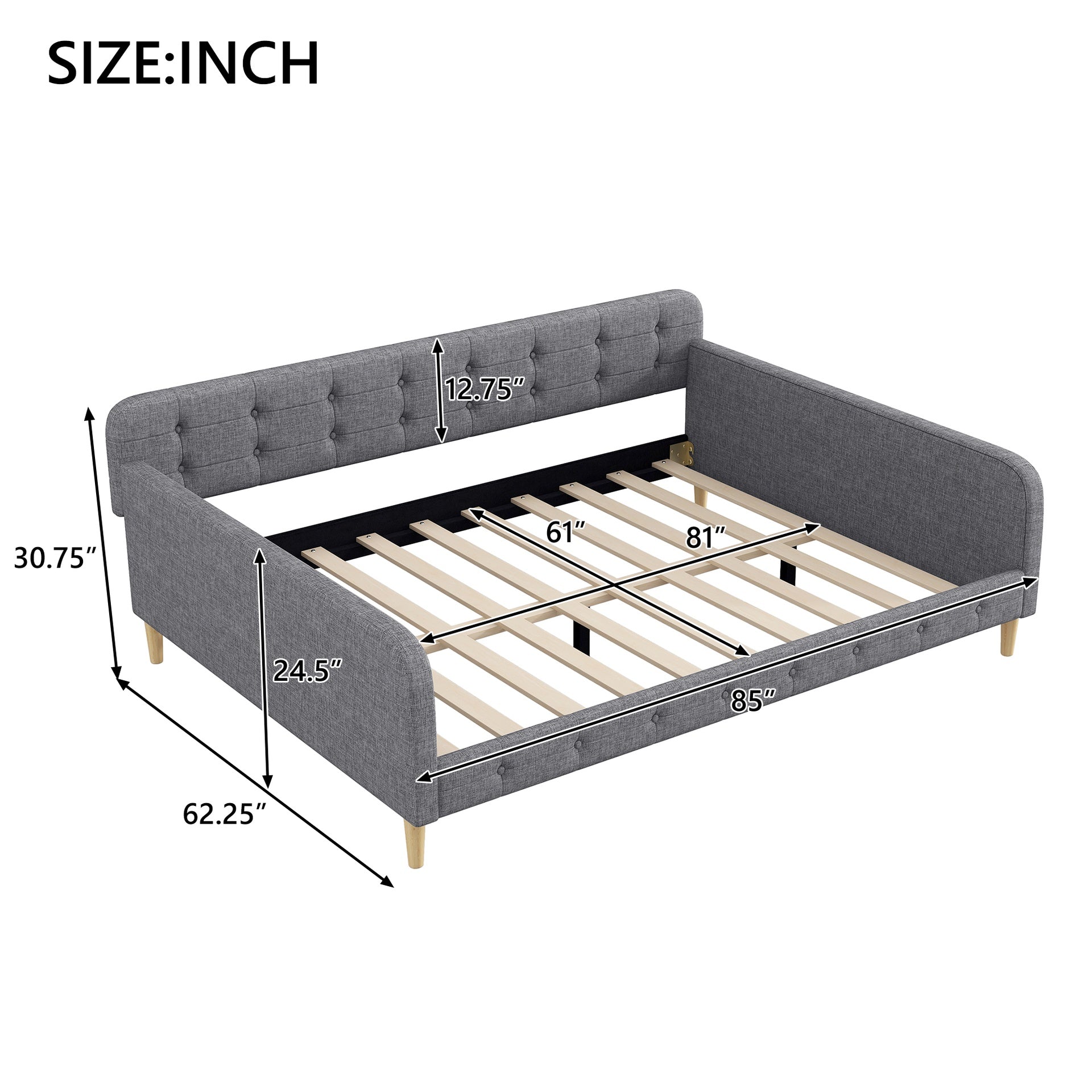Queen Size Upholstered Daybed with 4 Support Legs, Gray