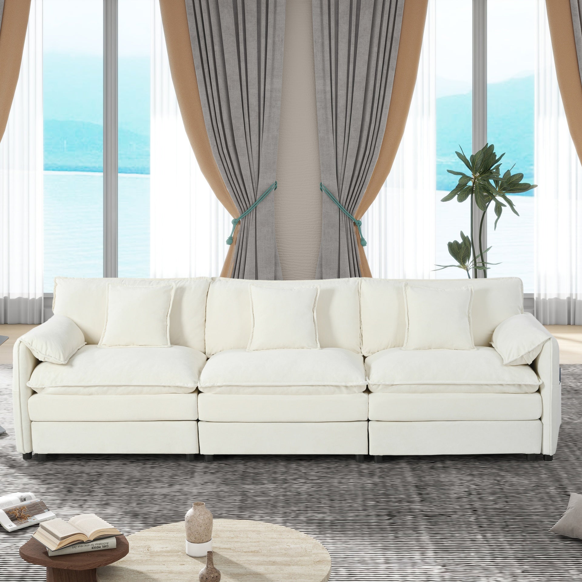 Oversized Deep Seat Sectional Sofa, Modern Chenille Cloud Couch, Large 3 Seater Modular Sofa with 3 Pillows for Living Room Bedroom Apartment Office,DIY Combination,Chenille,Beige