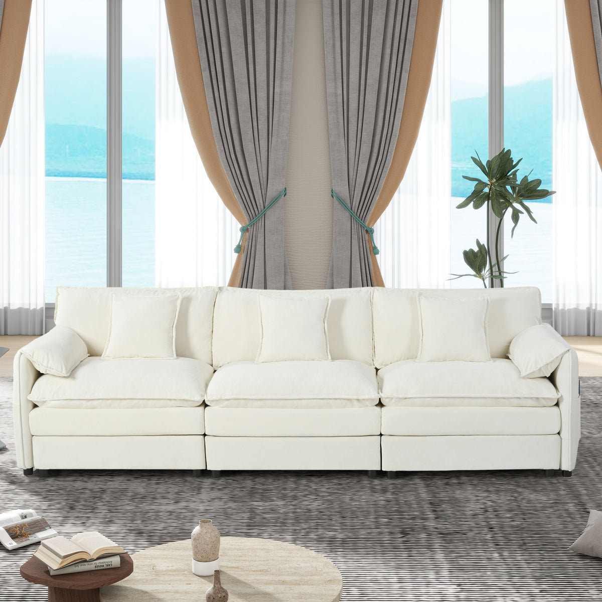 Oversized Deep Seat Sectional Sofa, Modern Chenille Cloud Couch, Large 3 Seater Modular Sofa with 3 Pillows for Living Room Bedroom Apartment Office,DIY Combination,Chenille,Beige