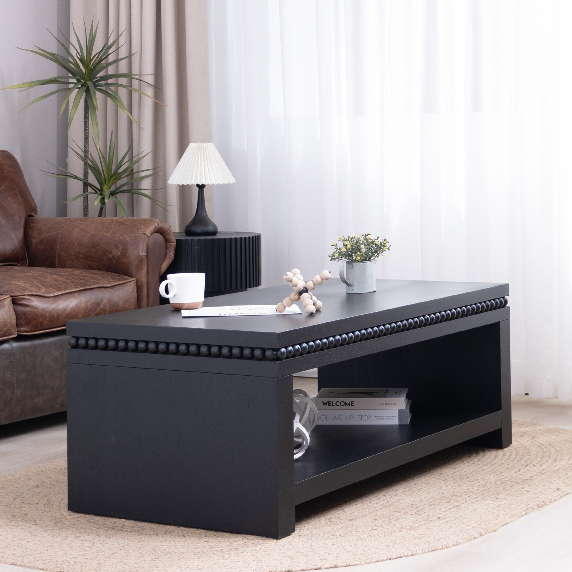 Modern Black Coffee Table with Beaded Trim – 47" Rectangular Coffee Table with Open Storage Shelf, Solid Black Finish – Contemporary Living Room Accent Furniture