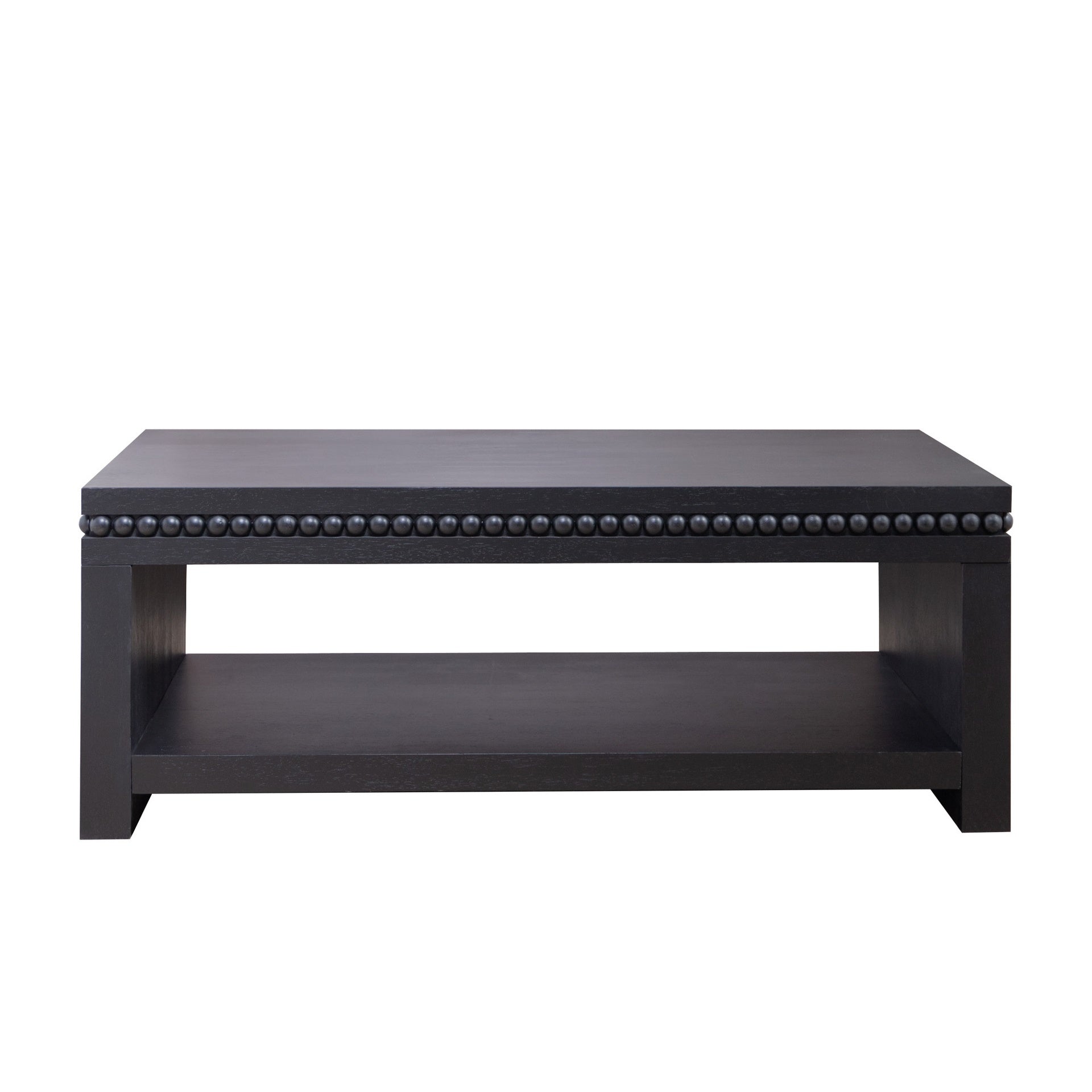 Modern Black Coffee Table with Beaded Trim – 47" Rectangular Coffee Table with Open Storage Shelf, Solid Black Finish – Contemporary Living Room Accent Furniture