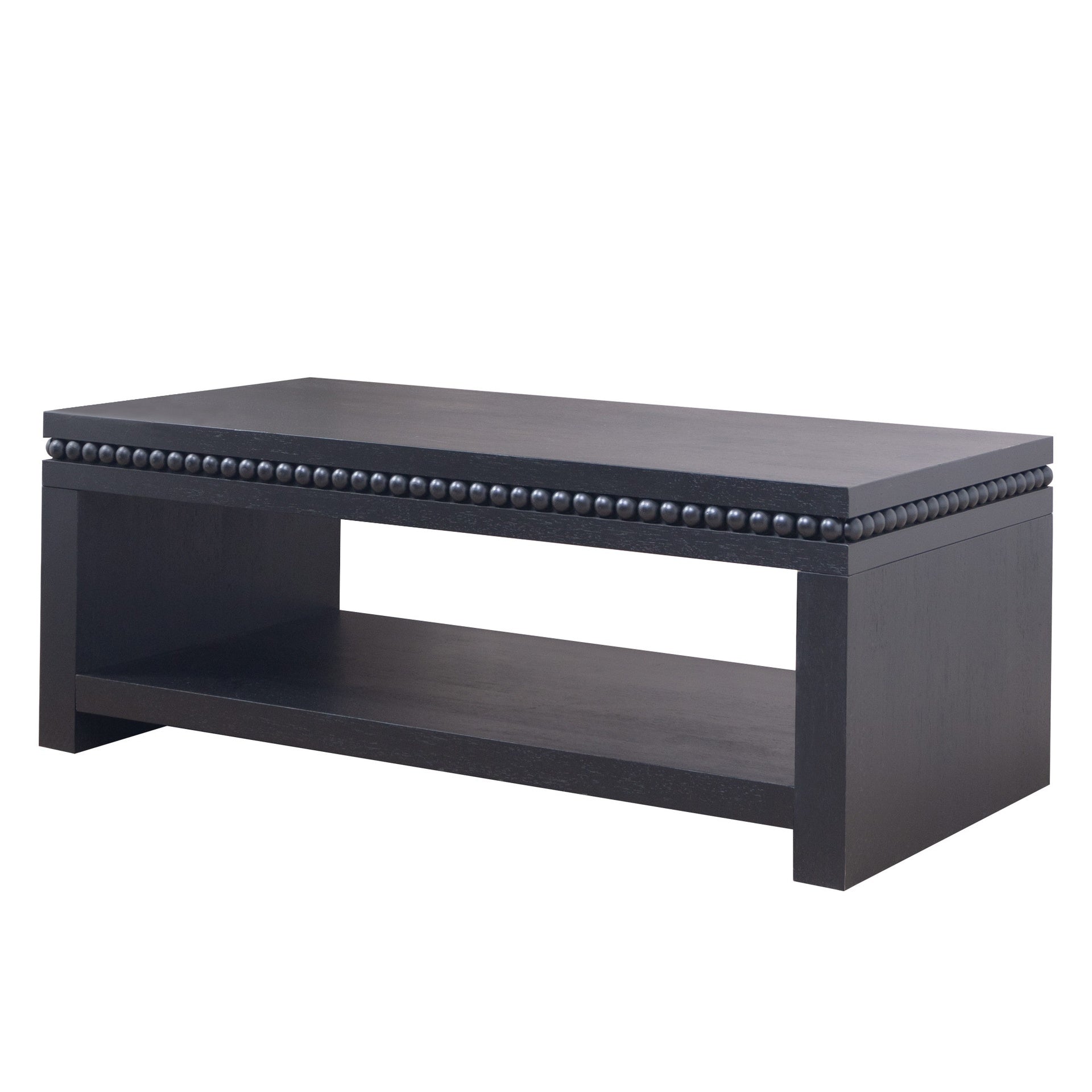 Modern Black Coffee Table with Beaded Trim – 47" Rectangular Coffee Table with Open Storage Shelf, Solid Black Finish – Contemporary Living Room Accent Furniture