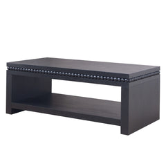 Modern Black Coffee Table with Beaded Trim – 47" Rectangular Coffee Table with Open Storage Shelf, Solid Black Finish – Contemporary Living Room Accent Furniture