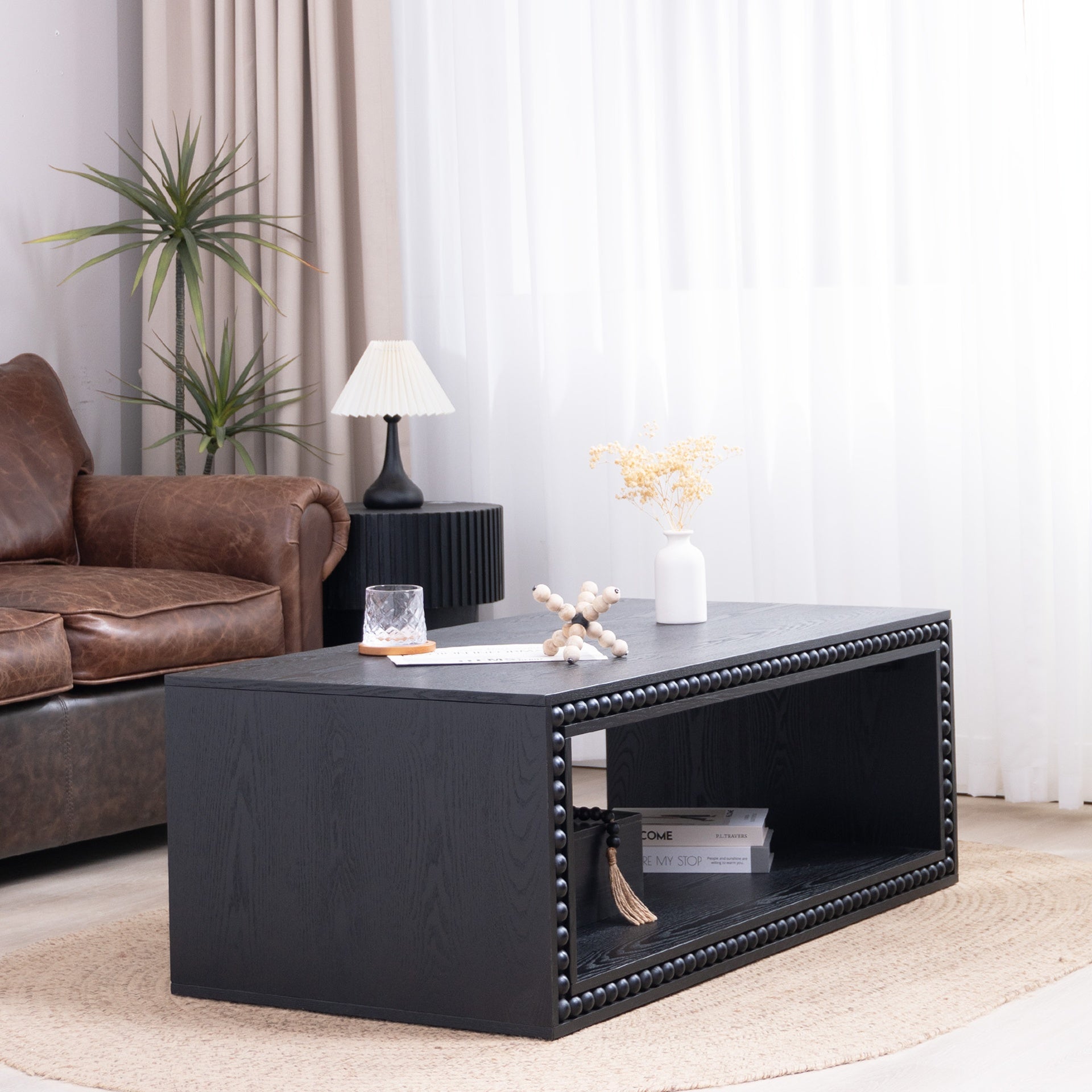 Black Beaded Edge Coffee Table – 47.6" Rectangular Center Table with Open Storage Shelf, Modern Farmhouse Style, Solid Black Finish