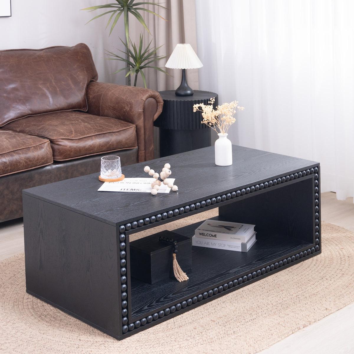 Black Beaded Edge Coffee Table – 47.6" Rectangular Center Table with Open Storage Shelf, Modern Farmhouse Style, Solid Black Finish