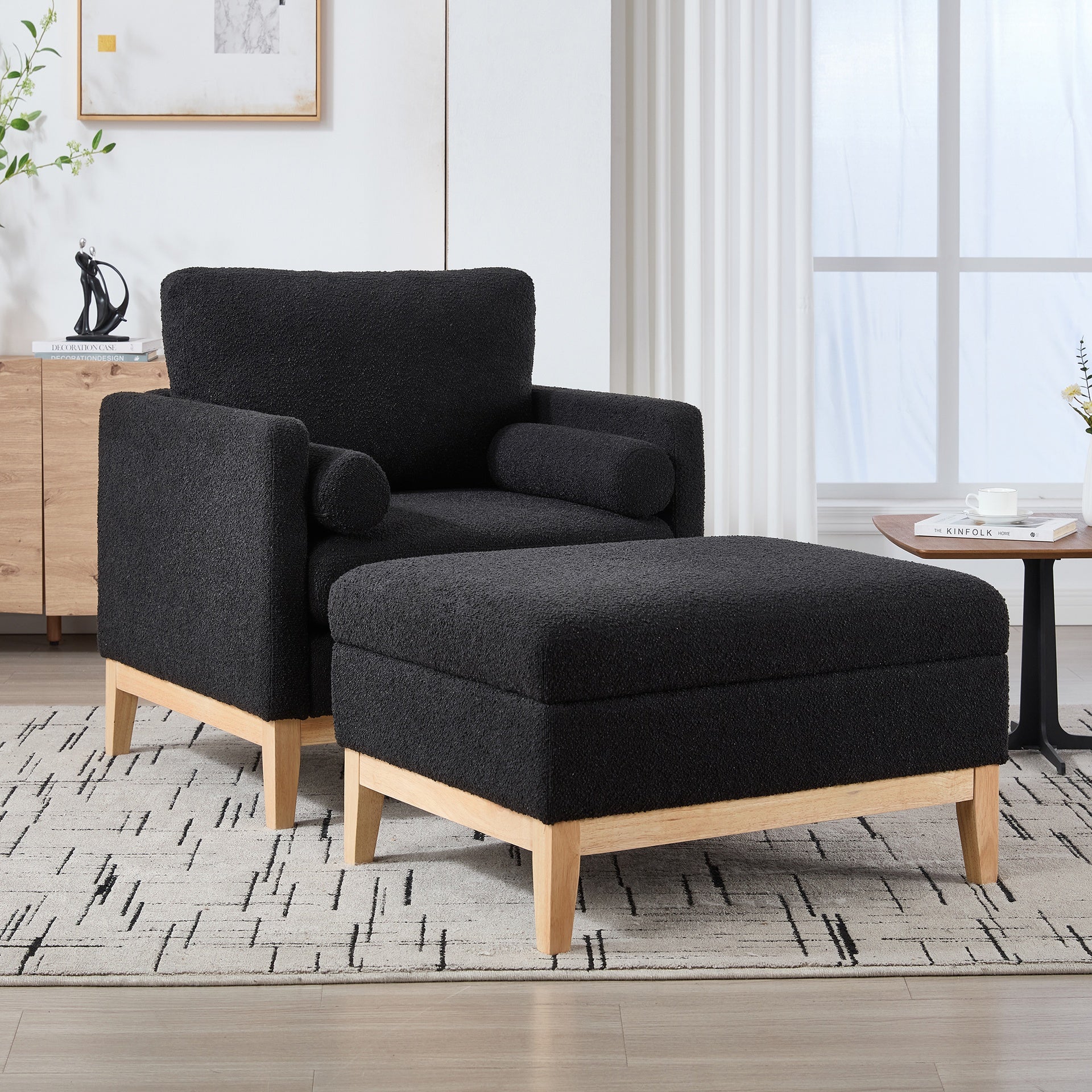 35.4 "Wide Farmhouse Performance Upholstered Wood Base Square Accent Arm Chair with Ottoman Natural Wood Legs with Reversible Lid Coffee Table for Living Room Office and Lounge,Black Boucle