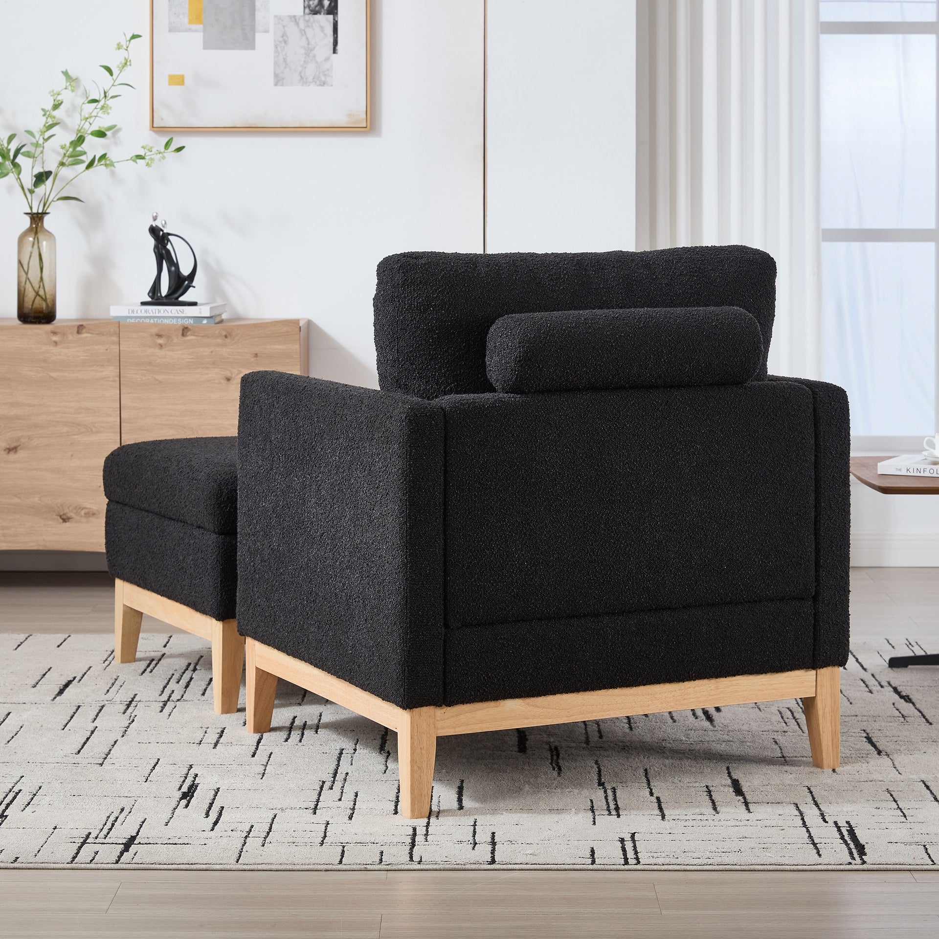 35.4 "Wide Farmhouse Performance Upholstered Wood Base Square Accent Arm Chair with Ottoman Natural Wood Legs with Reversible Lid Coffee Table for Living Room Office and Lounge,Black Boucle