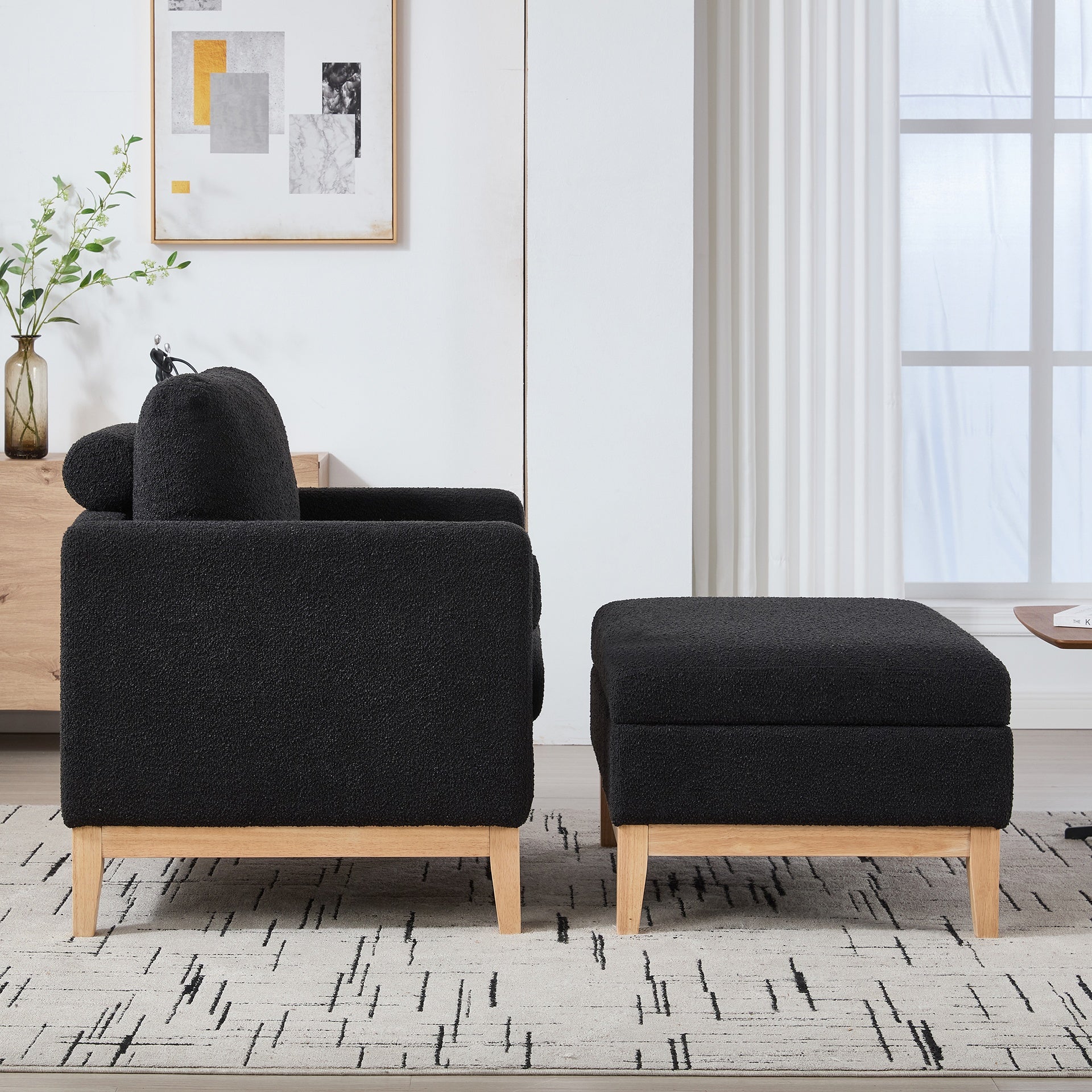 35.4 "Wide Farmhouse Performance Upholstered Wood Base Square Accent Arm Chair with Ottoman Natural Wood Legs with Reversible Lid Coffee Table for Living Room Office and Lounge,Black Boucle