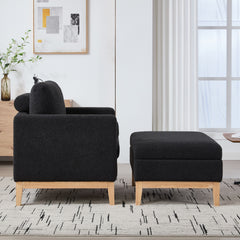 35.4 "Wide Farmhouse Performance Upholstered Wood Base Square Accent Arm Chair with Ottoman Natural Wood Legs with Reversible Lid Coffee Table for Living Room Office and Lounge,Black Boucle