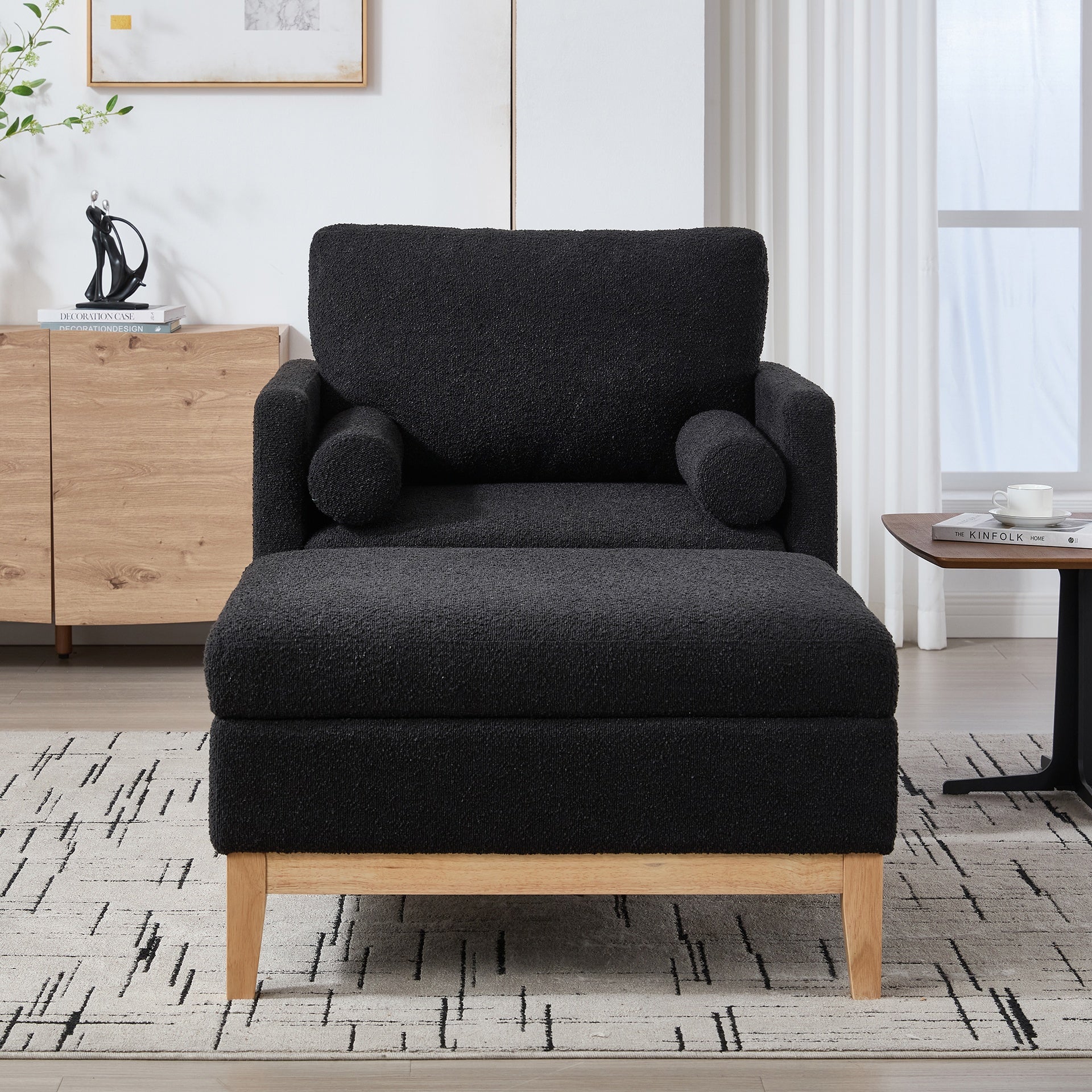 35.4 "Wide Farmhouse Performance Upholstered Wood Base Square Accent Arm Chair with Ottoman Natural Wood Legs with Reversible Lid Coffee Table for Living Room Office and Lounge,Black Boucle