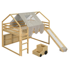 Full size Wooden Loft Bed House-shaped Frame with a Tent, Natural+Beige